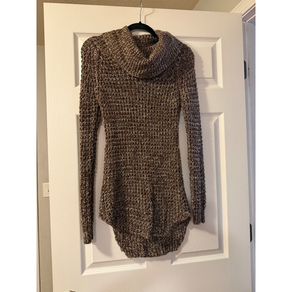 rue21 Sweater Womens Small Brown Marled Cowl Neck High Low Chunky Knit Tunic Y2K